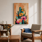 A vibrant watercolor painting featuring a cluster of cacti adorned with large blooming flowers in a boho style. The composition highlights desert flora with detailed brushwork and soft washes of color, creating a fresh and natural floral artwork perfect for botanical-themed decor.