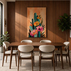 A vibrant watercolor painting featuring a cluster of cacti adorned with large blooming flowers in a boho style. The composition highlights desert flora with detailed brushwork and soft washes of color, creating a fresh and natural floral artwork perfect for botanical-themed decor.