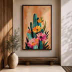 A vibrant watercolor painting featuring a cluster of cacti adorned with large blooming flowers in a boho style. The composition highlights desert flora with detailed brushwork and soft washes of color, creating a fresh and natural floral artwork perfect for botanical-themed decor.