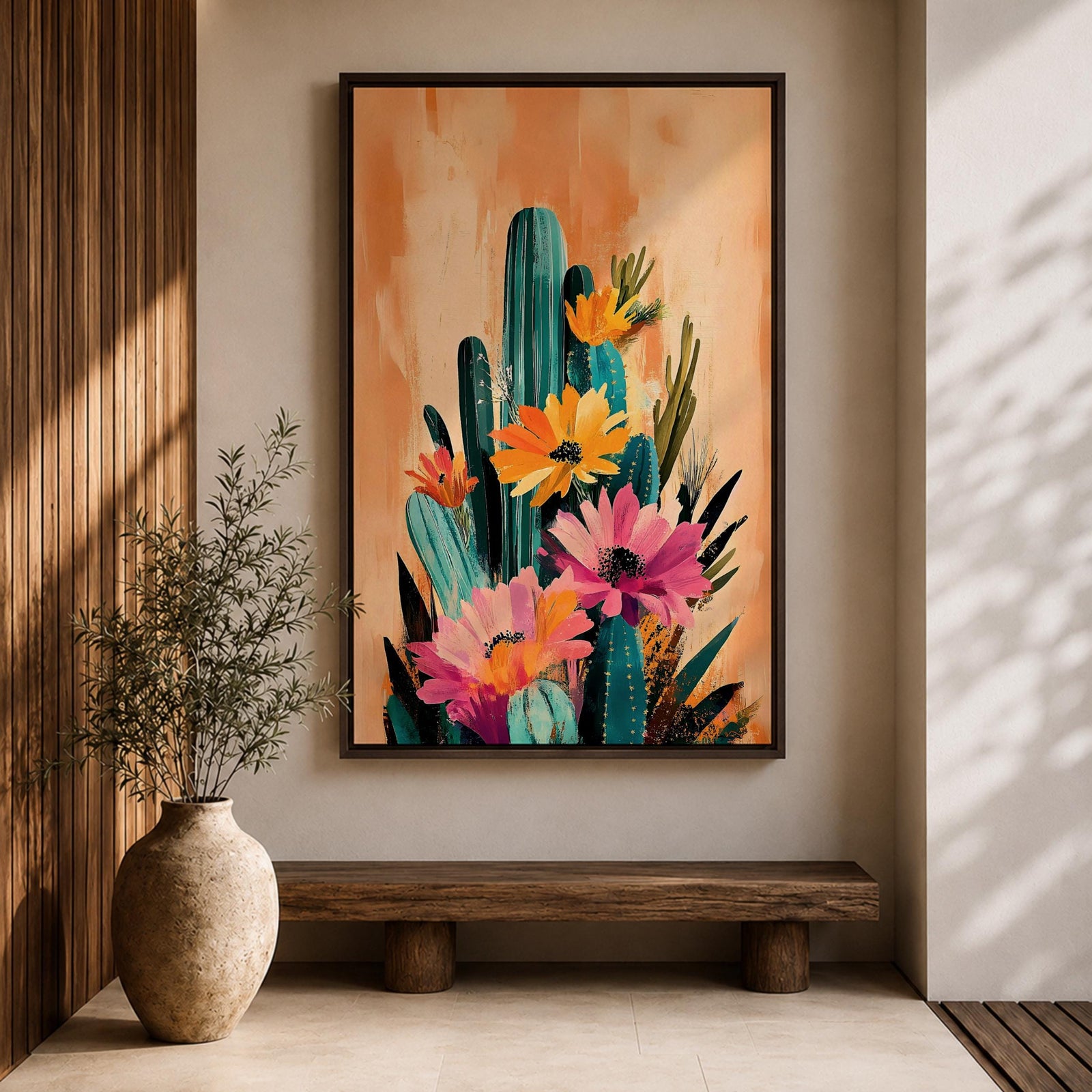 A vibrant watercolor painting featuring a cluster of cacti adorned with large blooming flowers in a boho style. The composition highlights desert flora with detailed brushwork and soft washes of color, creating a fresh and natural floral artwork perfect for botanical-themed decor.