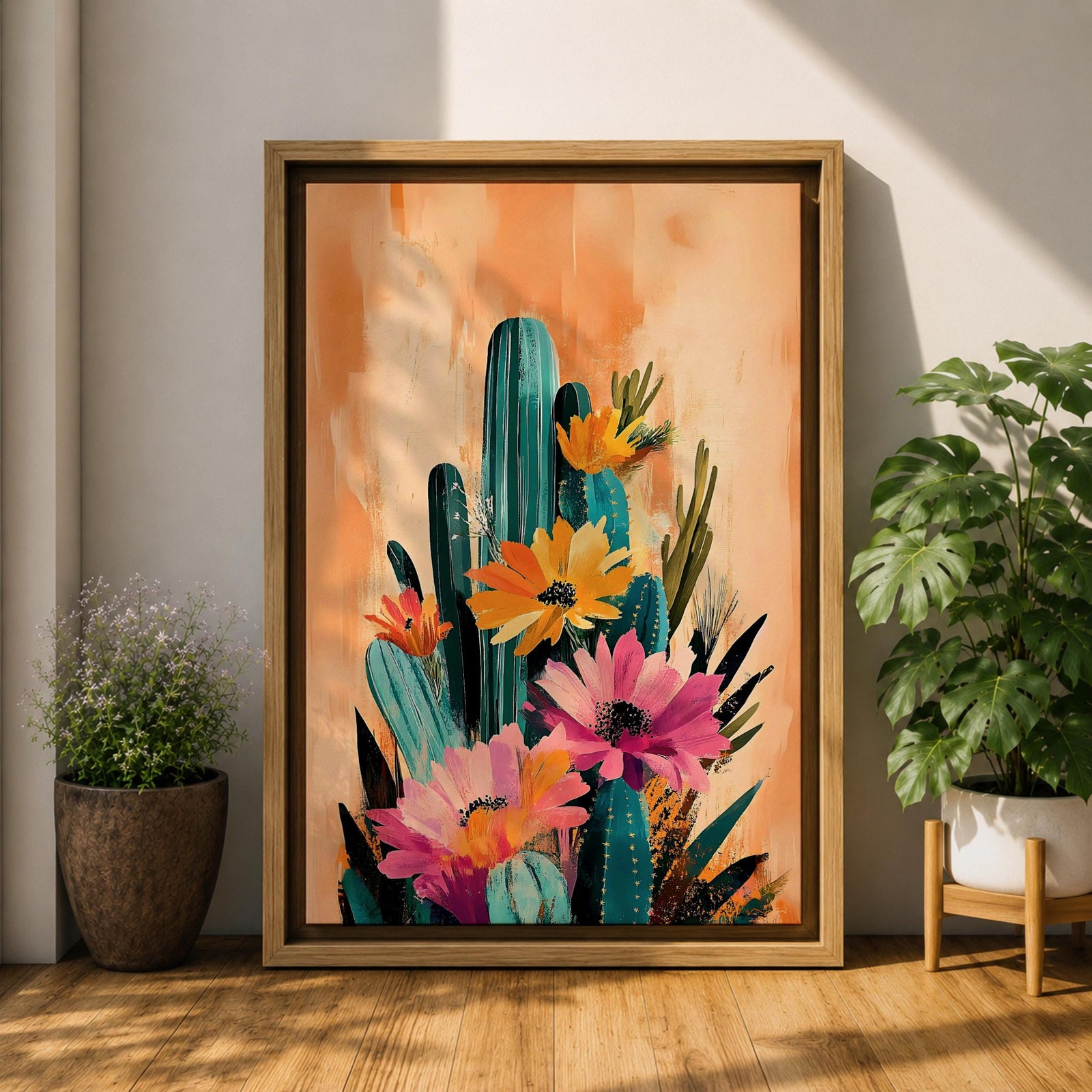 A vibrant watercolor painting featuring a cluster of cacti adorned with large blooming flowers in a boho style. The composition highlights desert flora with detailed brushwork and soft washes of color, creating a fresh and natural floral artwork perfect for botanical-themed decor.