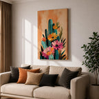 A vibrant watercolor painting featuring a cluster of cacti adorned with large blooming flowers in a boho style. The composition highlights desert flora with detailed brushwork and soft washes of color, creating a fresh and natural floral artwork perfect for botanical-themed decor.