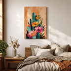 A vibrant watercolor painting featuring a cluster of cacti adorned with large blooming flowers in a boho style. The composition highlights desert flora with detailed brushwork and soft washes of color, creating a fresh and natural floral artwork perfect for botanical-themed decor.