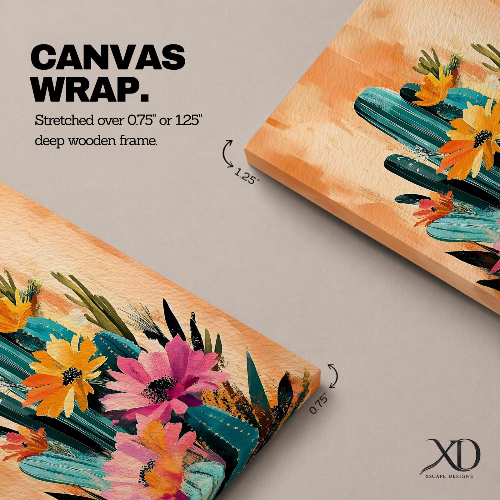 A vibrant watercolor painting featuring a cluster of cacti adorned with large blooming flowers in a boho style. The composition highlights desert flora with detailed brushwork and soft washes of color, creating a fresh and natural floral artwork perfect for botanical-themed decor.