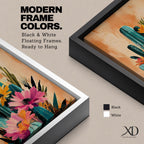 A vibrant watercolor painting featuring a cluster of cacti adorned with large blooming flowers in a boho style. The composition highlights desert flora with detailed brushwork and soft washes of color, creating a fresh and natural floral artwork perfect for botanical-themed decor.