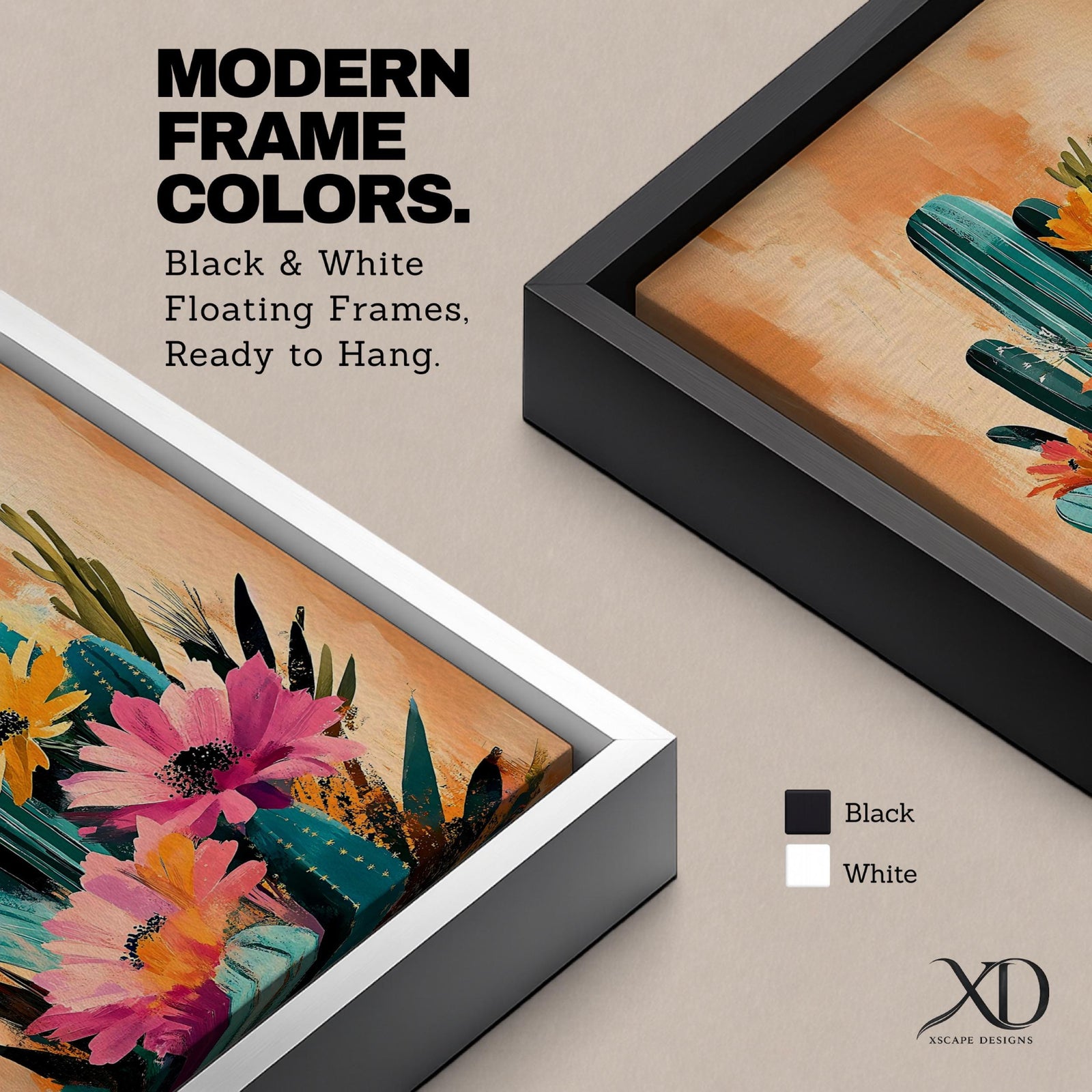 A vibrant watercolor painting featuring a cluster of cacti adorned with large blooming flowers in a boho style. The composition highlights desert flora with detailed brushwork and soft washes of color, creating a fresh and natural floral artwork perfect for botanical-themed decor.