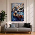 An impasto style painting depicting a Greek fisherman standing in a wooden boat casting a net on vibrant blue water with white Mediterranean coastal buildings on a rocky hillside in the background, capturing a traditional seaside fishing scene.
