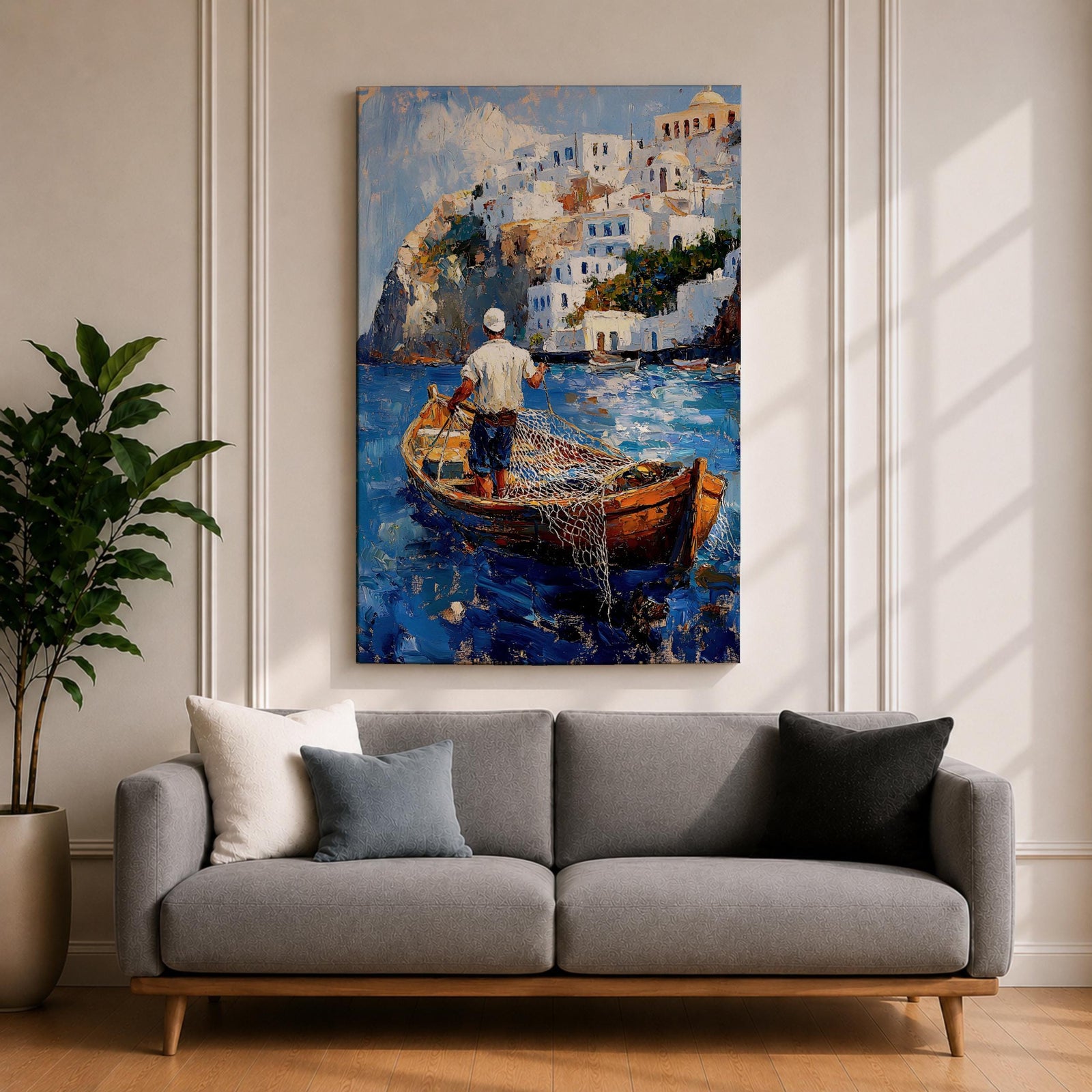 An impasto style painting depicting a Greek fisherman standing in a wooden boat casting a net on vibrant blue water with white Mediterranean coastal buildings on a rocky hillside in the background, capturing a traditional seaside fishing scene.