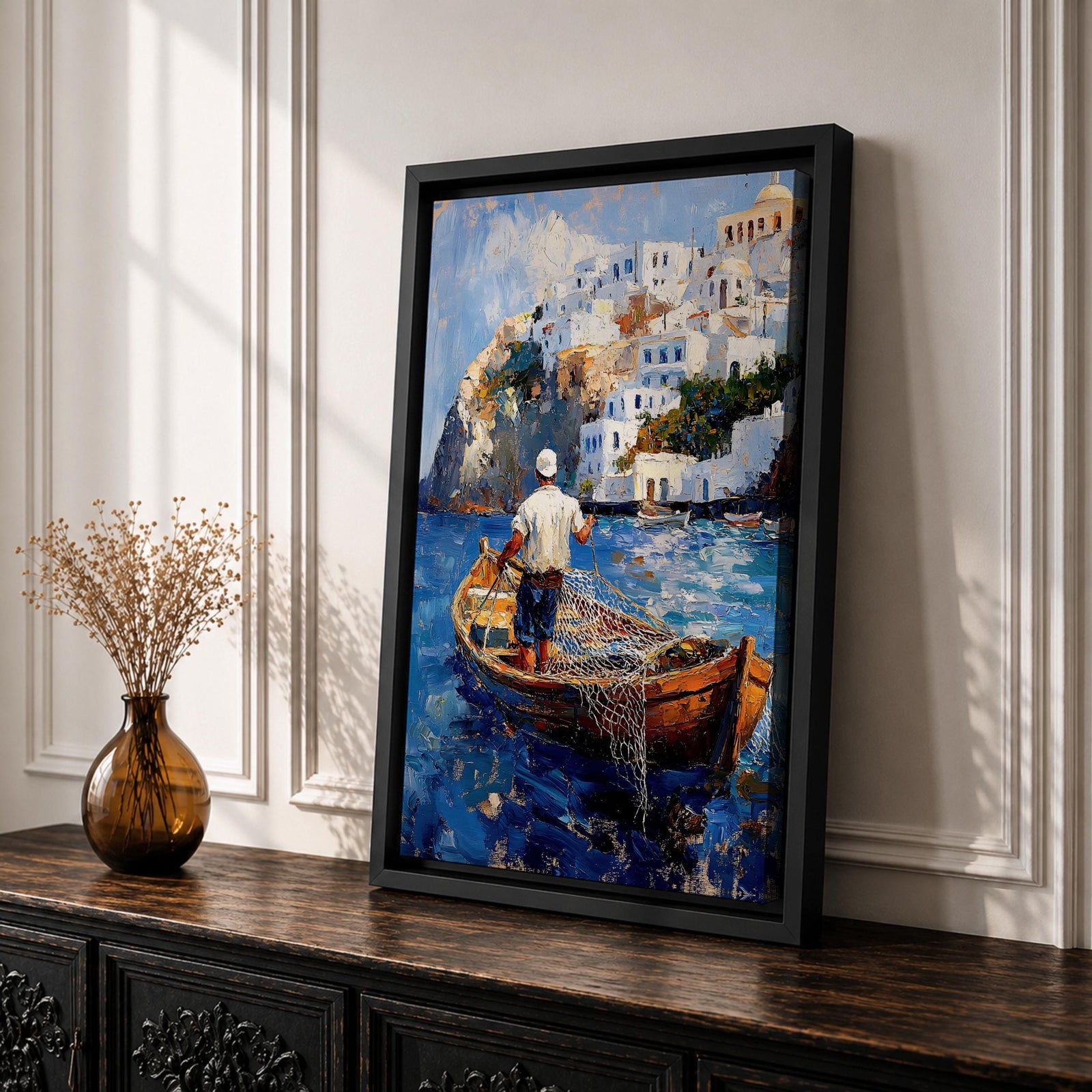 An impasto style painting depicting a Greek fisherman standing in a wooden boat casting a net on vibrant blue water with white Mediterranean coastal buildings on a rocky hillside in the background, capturing a traditional seaside fishing scene.