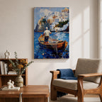 An impasto style painting depicting a Greek fisherman standing in a wooden boat casting a net on vibrant blue water with white Mediterranean coastal buildings on a rocky hillside in the background, capturing a traditional seaside fishing scene.
