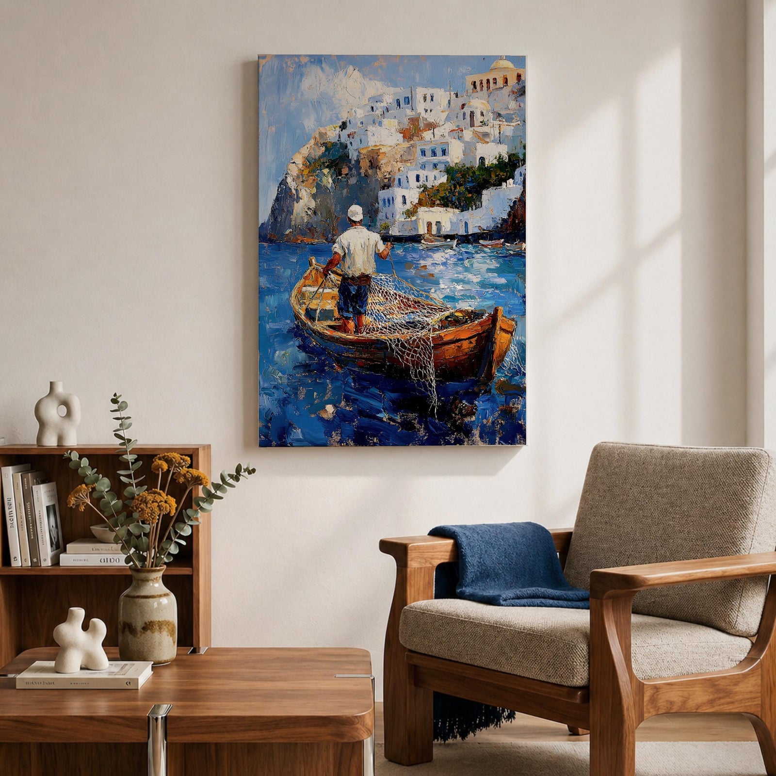 An impasto style painting depicting a Greek fisherman standing in a wooden boat casting a net on vibrant blue water with white Mediterranean coastal buildings on a rocky hillside in the background, capturing a traditional seaside fishing scene.
