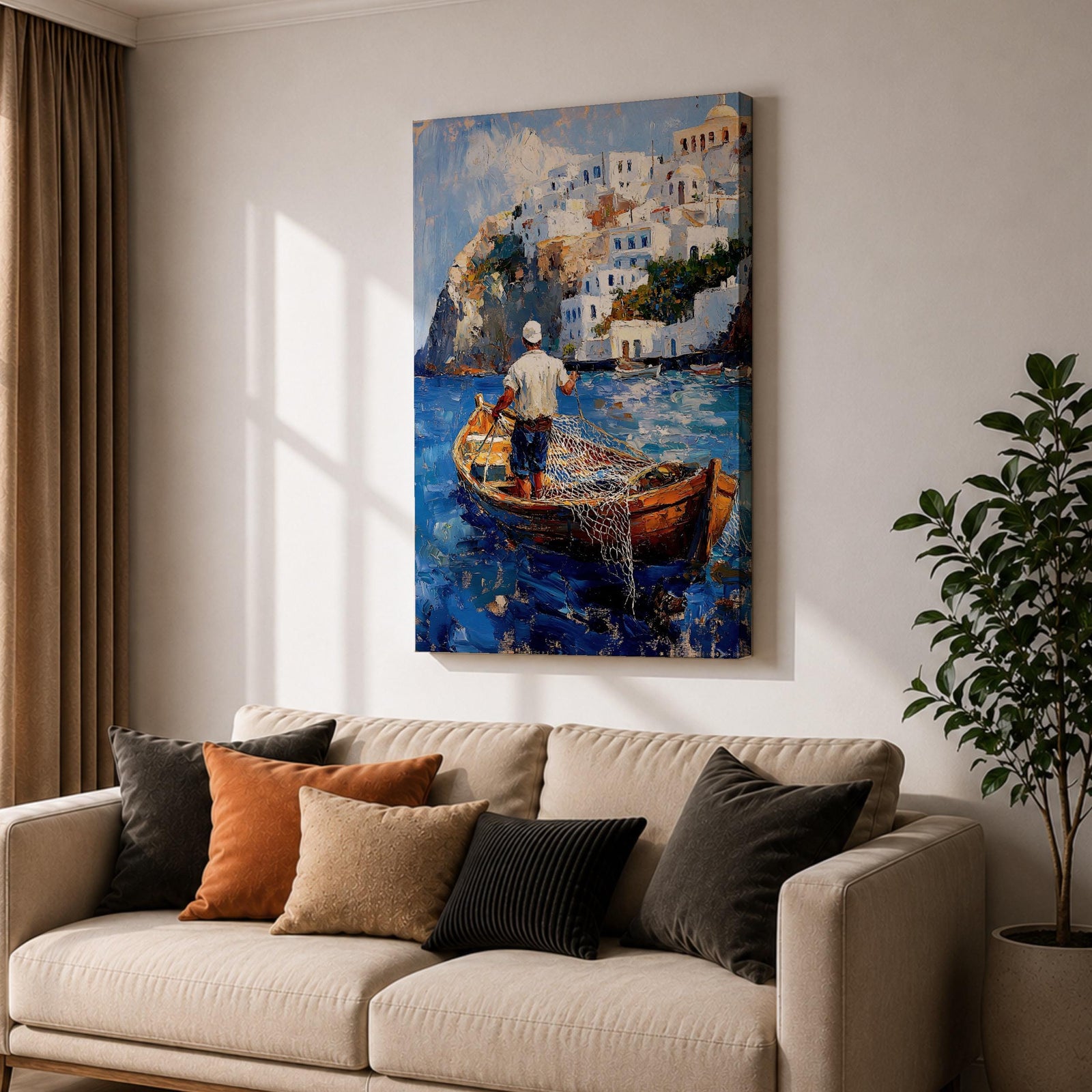 An impasto style painting depicting a Greek fisherman standing in a wooden boat casting a net on vibrant blue water with white Mediterranean coastal buildings on a rocky hillside in the background, capturing a traditional seaside fishing scene.