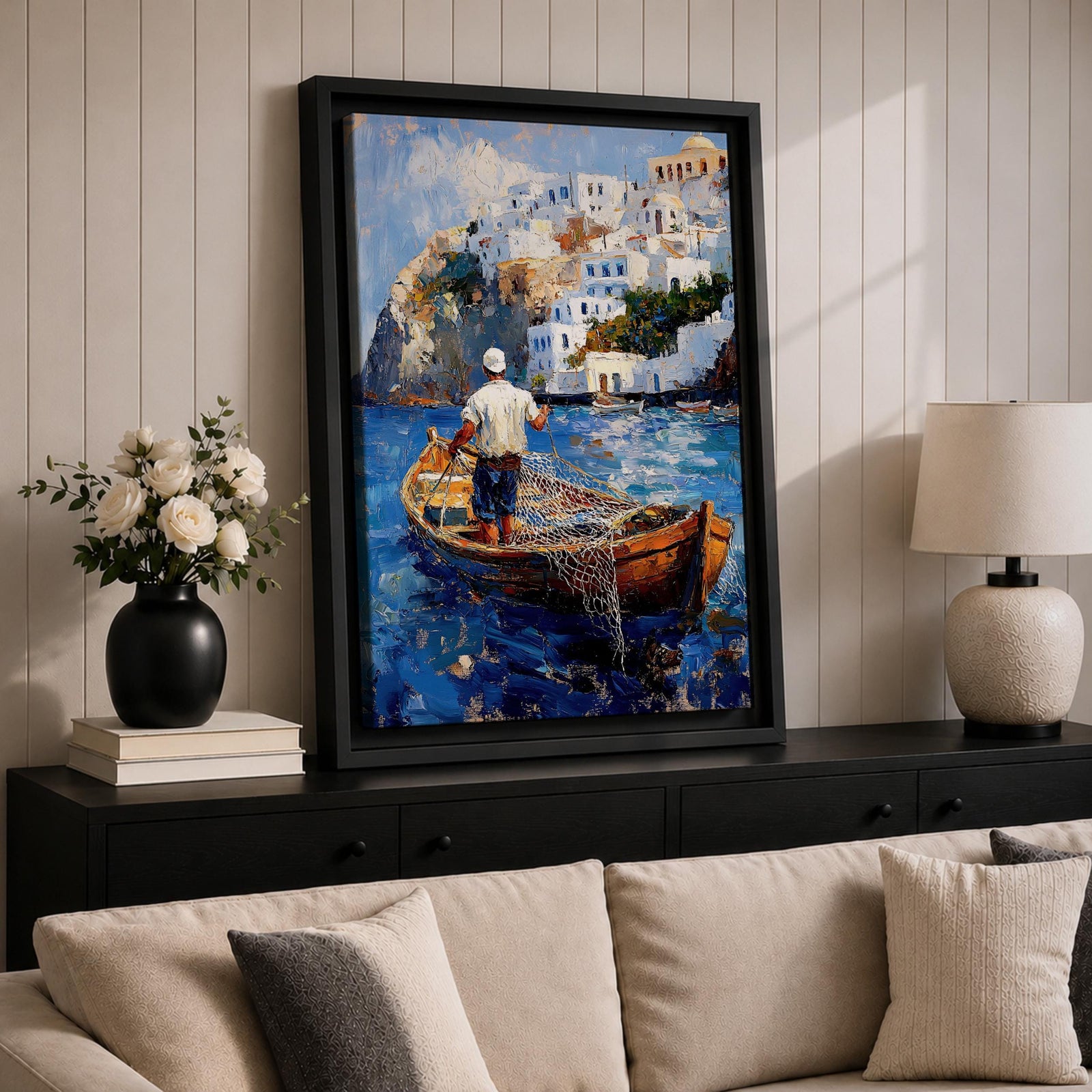 An impasto style painting depicting a Greek fisherman standing in a wooden boat casting a net on vibrant blue water with white Mediterranean coastal buildings on a rocky hillside in the background, capturing a traditional seaside fishing scene.