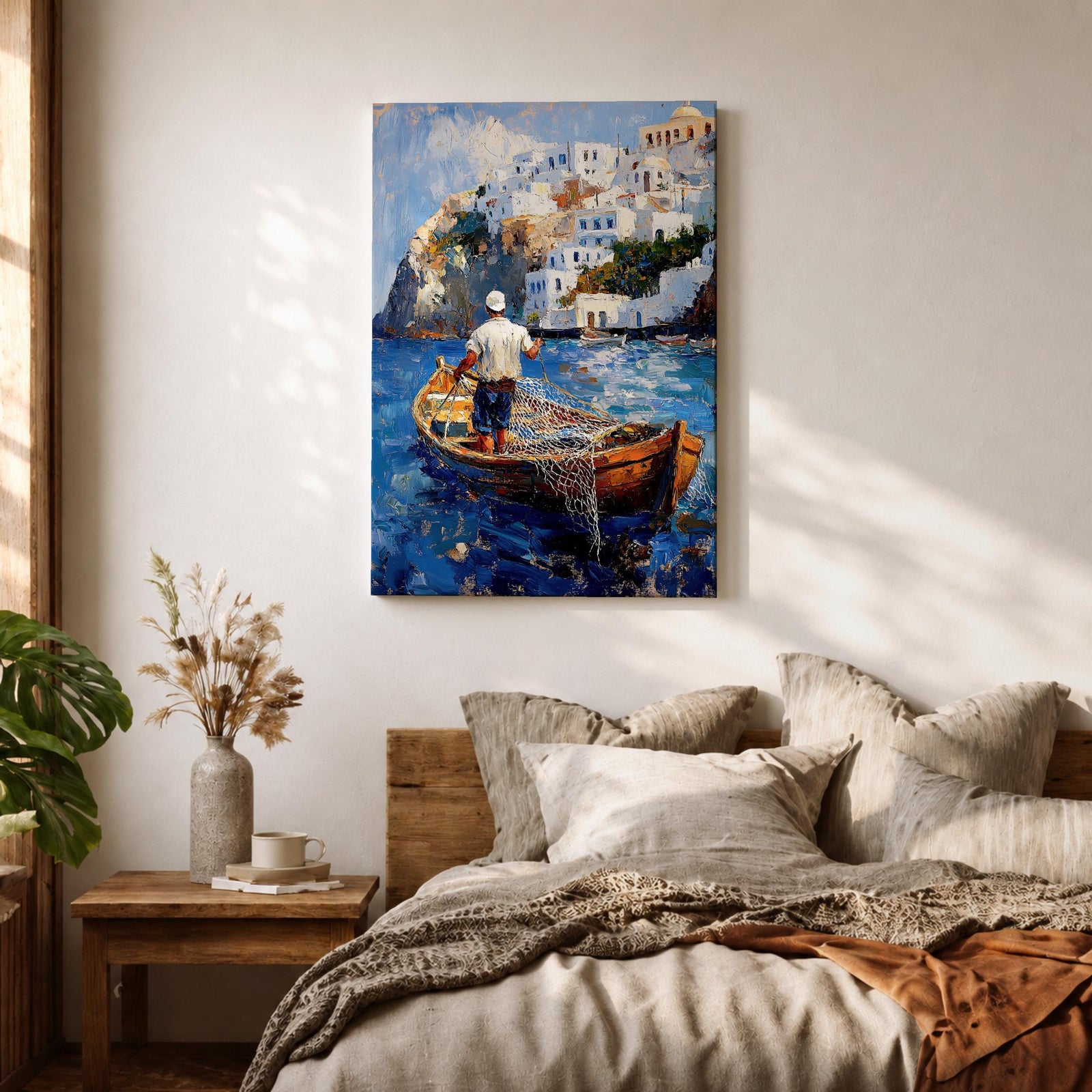 An impasto style painting depicting a Greek fisherman standing in a wooden boat casting a net on vibrant blue water with white Mediterranean coastal buildings on a rocky hillside in the background, capturing a traditional seaside fishing scene.