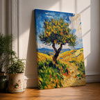 This impasto style painting features a single tree with thick textured brushstrokes in vibrant greens and yellows set against a bright blue sky and rolling hills, capturing a lively Mediterranean landscape with expressive, dynamic strokes and rich color contrasts.