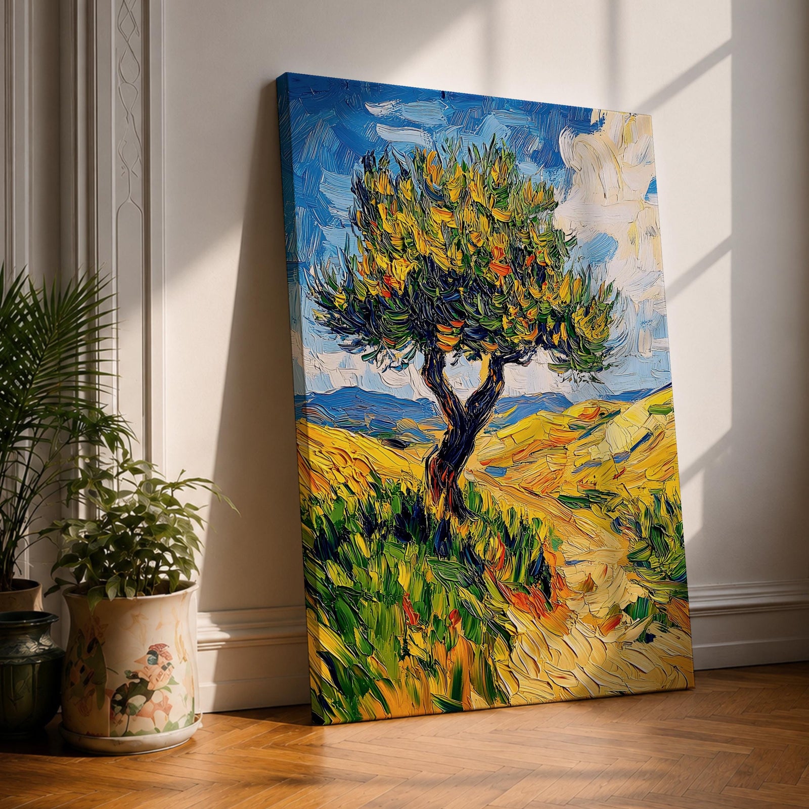 This impasto style painting features a single tree with thick textured brushstrokes in vibrant greens and yellows set against a bright blue sky and rolling hills, capturing a lively Mediterranean landscape with expressive, dynamic strokes and rich color contrasts.