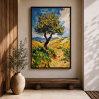 This impasto style painting features a single tree with thick textured brushstrokes in vibrant greens and yellows set against a bright blue sky and rolling hills, capturing a lively Mediterranean landscape with expressive, dynamic strokes and rich color contrasts.