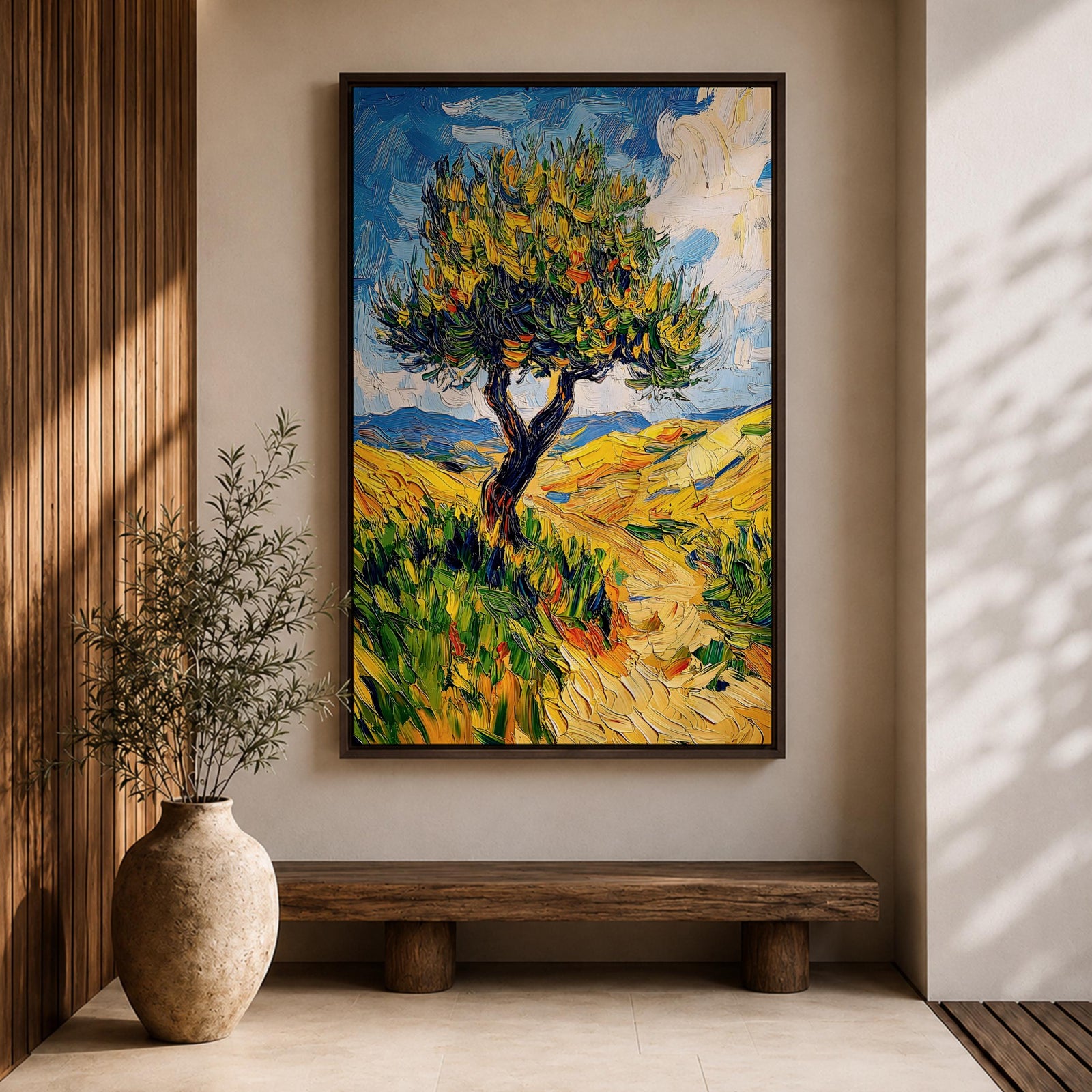 This impasto style painting features a single tree with thick textured brushstrokes in vibrant greens and yellows set against a bright blue sky and rolling hills, capturing a lively Mediterranean landscape with expressive, dynamic strokes and rich color contrasts.