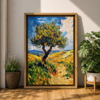 This impasto style painting features a single tree with thick textured brushstrokes in vibrant greens and yellows set against a bright blue sky and rolling hills, capturing a lively Mediterranean landscape with expressive, dynamic strokes and rich color contrasts.