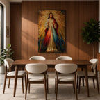 A mosaic style artwork depicting Divine Mercy of Jesus with radiant golden rays emanating behind him and red and blue beams flowing from his heart area, framed in a wooden frame, showcasing intricate tile-like geometric patterns and vibrant colors.