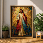 A mosaic style artwork depicting Divine Mercy of Jesus with radiant golden rays emanating behind him and red and blue beams flowing from his heart area, framed in a wooden frame, showcasing intricate tile-like geometric patterns and vibrant colors.