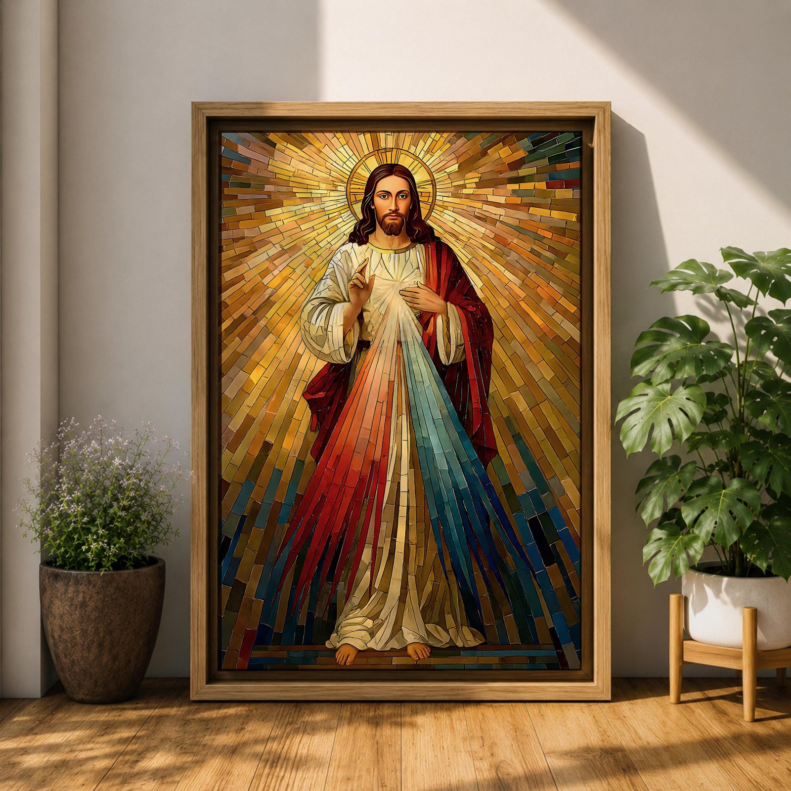 A mosaic style artwork depicting Divine Mercy of Jesus with radiant golden rays emanating behind him and red and blue beams flowing from his heart area, framed in a wooden frame, showcasing intricate tile-like geometric patterns and vibrant colors.