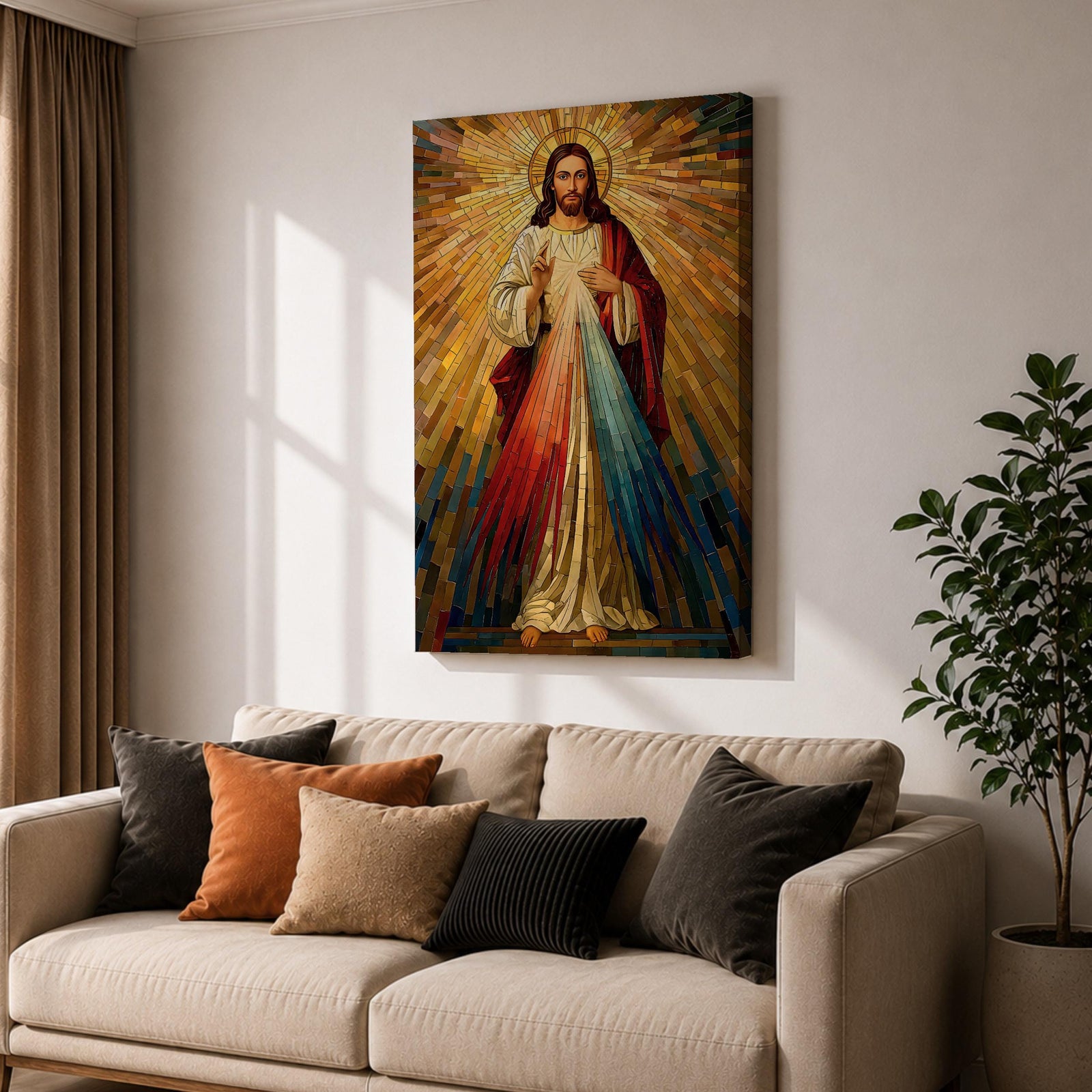 A mosaic style artwork depicting Divine Mercy of Jesus with radiant golden rays emanating behind him and red and blue beams flowing from his heart area, framed in a wooden frame, showcasing intricate tile-like geometric patterns and vibrant colors.