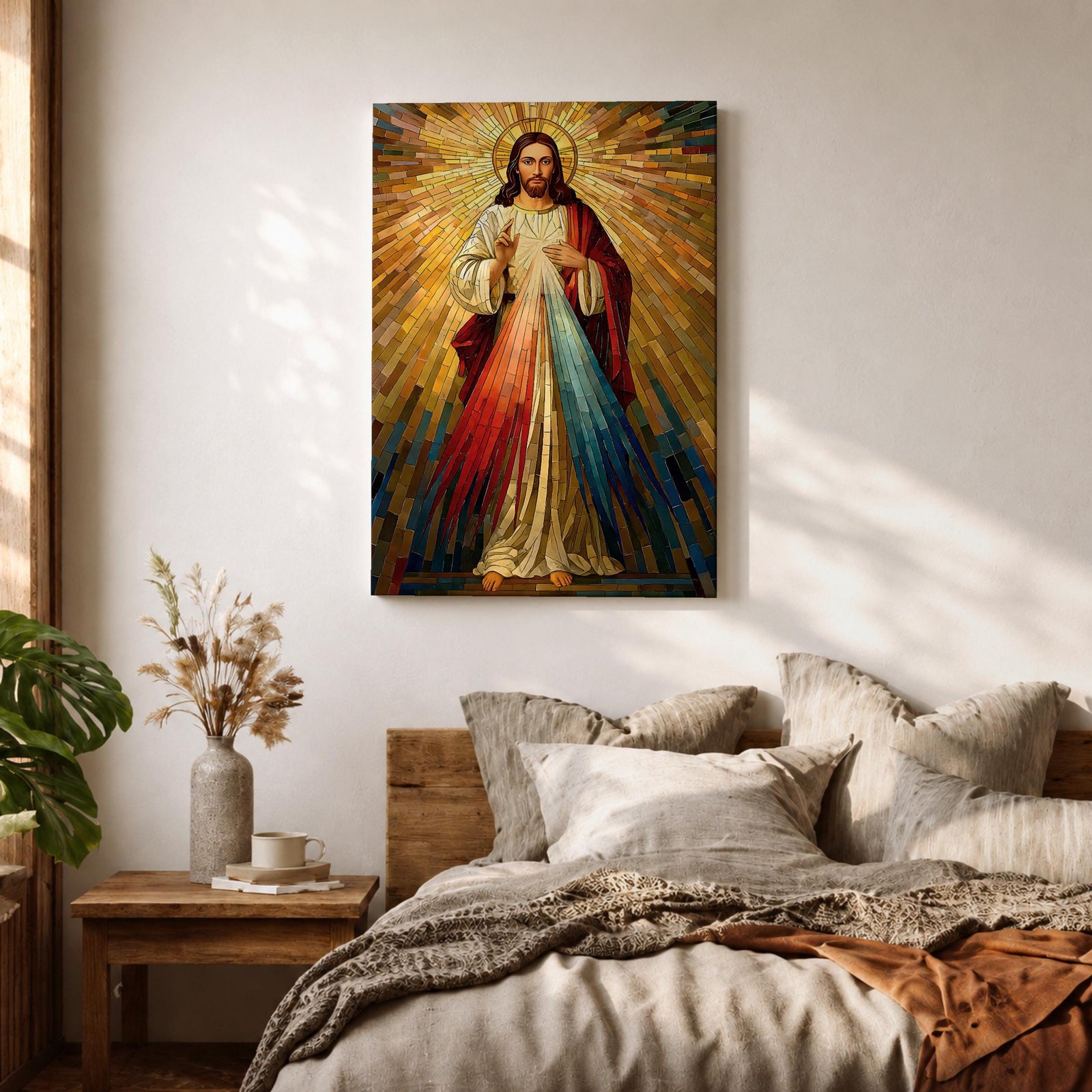 A mosaic style artwork depicting Divine Mercy of Jesus with radiant golden rays emanating behind him and red and blue beams flowing from his heart area, framed in a wooden frame, showcasing intricate tile-like geometric patterns and vibrant colors.