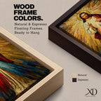 A mosaic style artwork depicting Divine Mercy of Jesus with radiant golden rays emanating behind him and red and blue beams flowing from his heart area, framed in a wooden frame, showcasing intricate tile-like geometric patterns and vibrant colors.