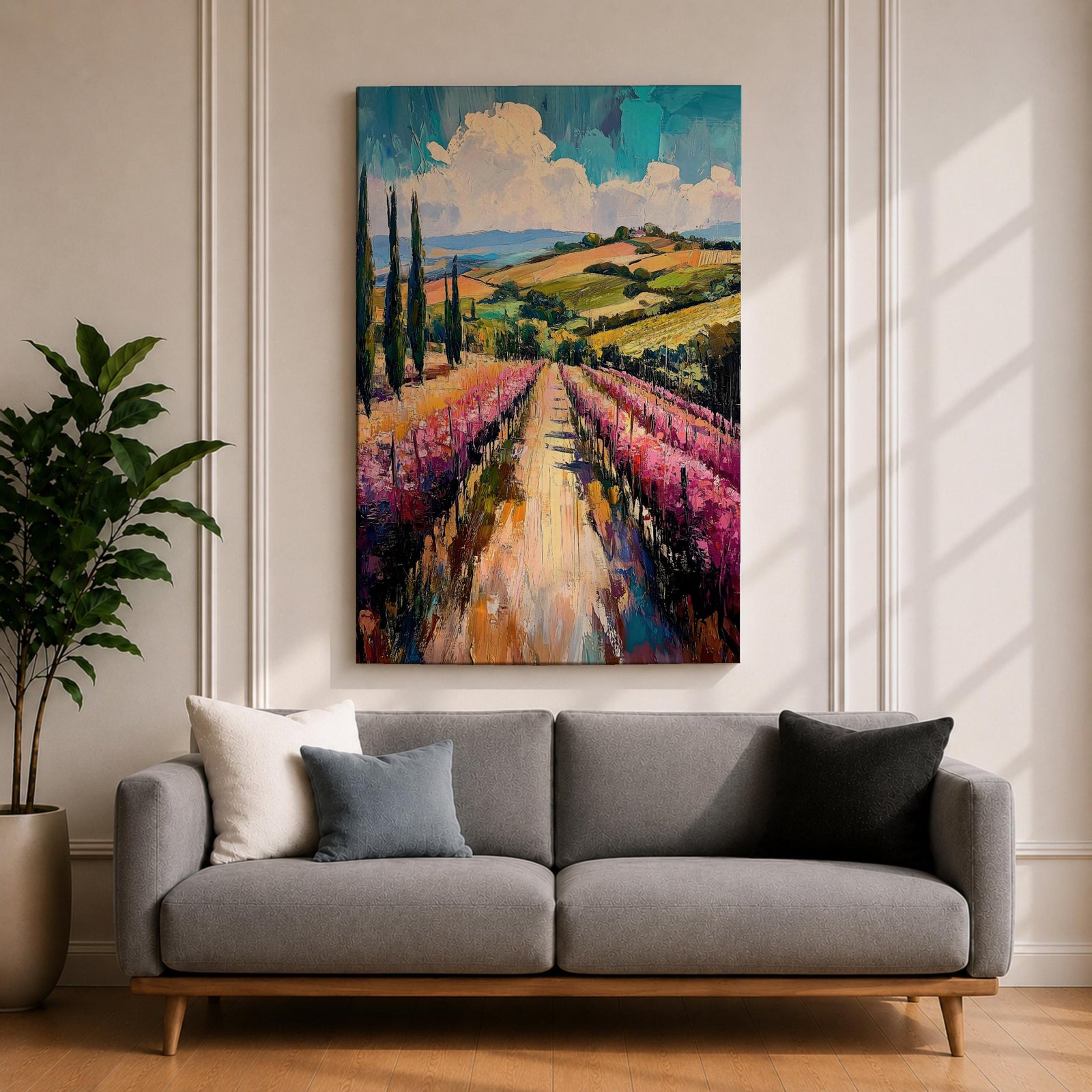 This impasto style oil painting depicts a vineyard landscape with rows of grapevines stretching into the distance under a partly cloudy sky. The textured brushstrokes create depth and vibrancy, highlighting the rolling hills and tall cypress trees characteristic of a country vineyard scene.