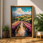 This impasto style oil painting depicts a vineyard landscape with rows of grapevines stretching into the distance under a partly cloudy sky. The textured brushstrokes create depth and vibrancy, highlighting the rolling hills and tall cypress trees characteristic of a country vineyard scene.