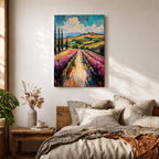 This impasto style oil painting depicts a vineyard landscape with rows of grapevines stretching into the distance under a partly cloudy sky. The textured brushstrokes create depth and vibrancy, highlighting the rolling hills and tall cypress trees characteristic of a country vineyard scene.