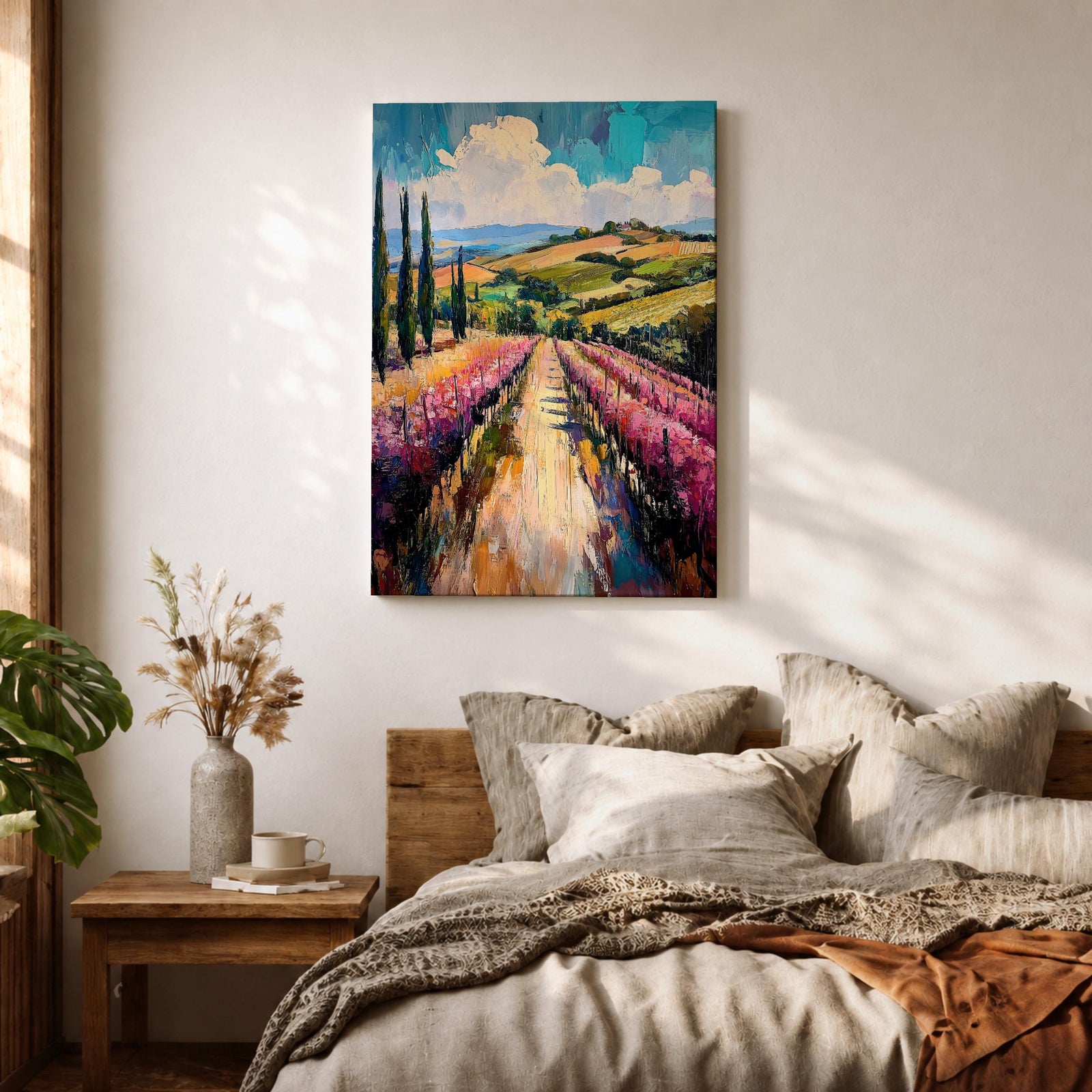 This impasto style oil painting depicts a vineyard landscape with rows of grapevines stretching into the distance under a partly cloudy sky. The textured brushstrokes create depth and vibrancy, highlighting the rolling hills and tall cypress trees characteristic of a country vineyard scene.