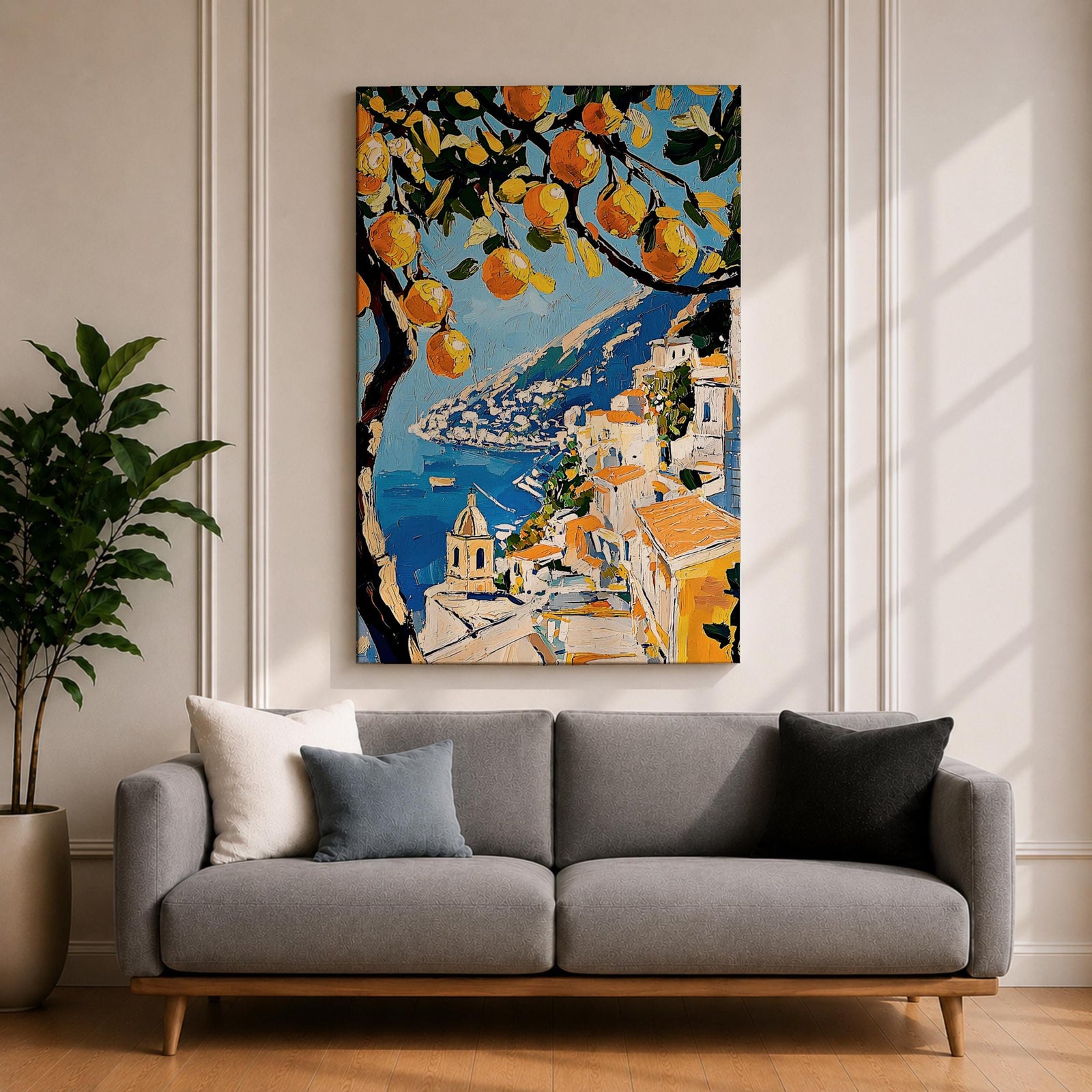 An impasto style painting of the Amalfi Coast featuring vibrant lemon tree branches in the foreground with a view of coastal buildings and the sea below, rendered with thick textured brushstrokes and rich colors emphasizing Mediterranean landscape elements.