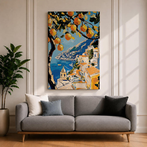 An impasto style painting of the Amalfi Coast featuring vibrant lemon tree branches in the foreground with a view of coastal buildings and the sea below, rendered with thick textured brushstrokes and rich colors emphasizing Mediterranean landscape elements.