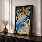 An impasto style painting of the Amalfi Coast featuring vibrant lemon tree branches in the foreground with a view of coastal buildings and the sea below, rendered with thick textured brushstrokes and rich colors emphasizing Mediterranean landscape elements.