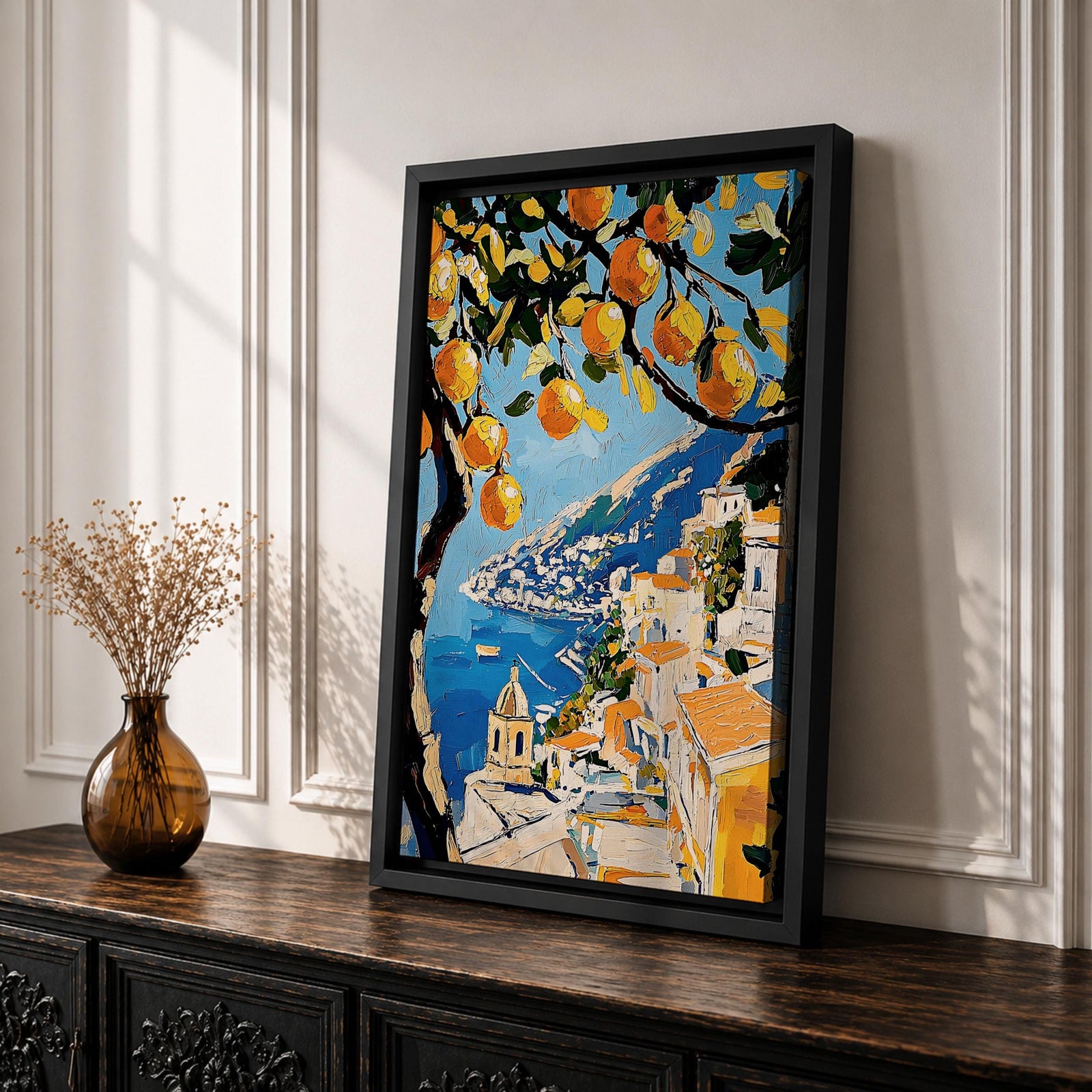 An impasto style painting of the Amalfi Coast featuring vibrant lemon tree branches in the foreground with a view of coastal buildings and the sea below, rendered with thick textured brushstrokes and rich colors emphasizing Mediterranean landscape elements.