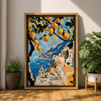 An impasto style painting of the Amalfi Coast featuring vibrant lemon tree branches in the foreground with a view of coastal buildings and the sea below, rendered with thick textured brushstrokes and rich colors emphasizing Mediterranean landscape elements.