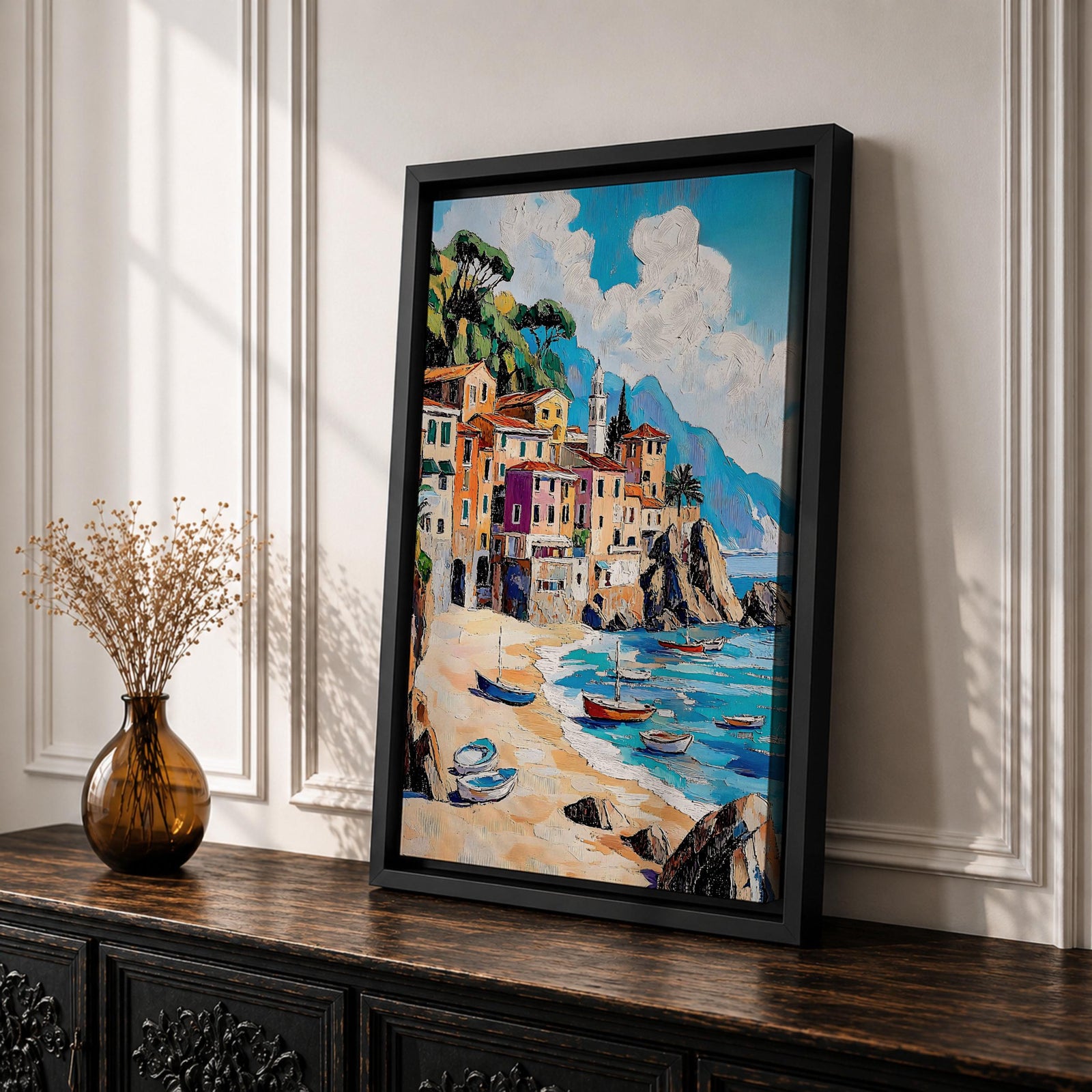 A vibrant Mediterranean seascape painting depicting colorful coastal buildings along a sandy beach with small boats floating on turquoise waters under a bright blue sky with fluffy clouds, rendered in a lively, textured style capturing the essence of a sunny seaside village.