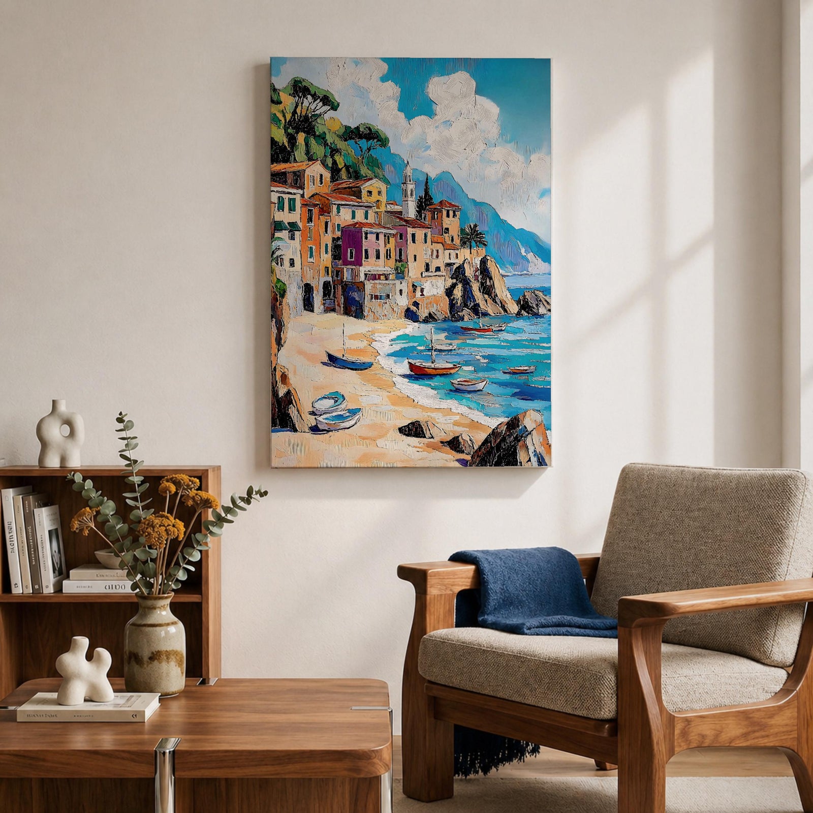 A vibrant Mediterranean seascape painting depicting colorful coastal buildings along a sandy beach with small boats floating on turquoise waters under a bright blue sky with fluffy clouds, rendered in a lively, textured style capturing the essence of a sunny seaside village.