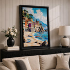 A vibrant Mediterranean seascape painting depicting colorful coastal buildings along a sandy beach with small boats floating on turquoise waters under a bright blue sky with fluffy clouds, rendered in a lively, textured style capturing the essence of a sunny seaside village.