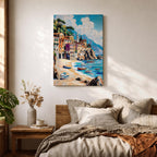 A vibrant Mediterranean seascape painting depicting colorful coastal buildings along a sandy beach with small boats floating on turquoise waters under a bright blue sky with fluffy clouds, rendered in a lively, textured style capturing the essence of a sunny seaside village.