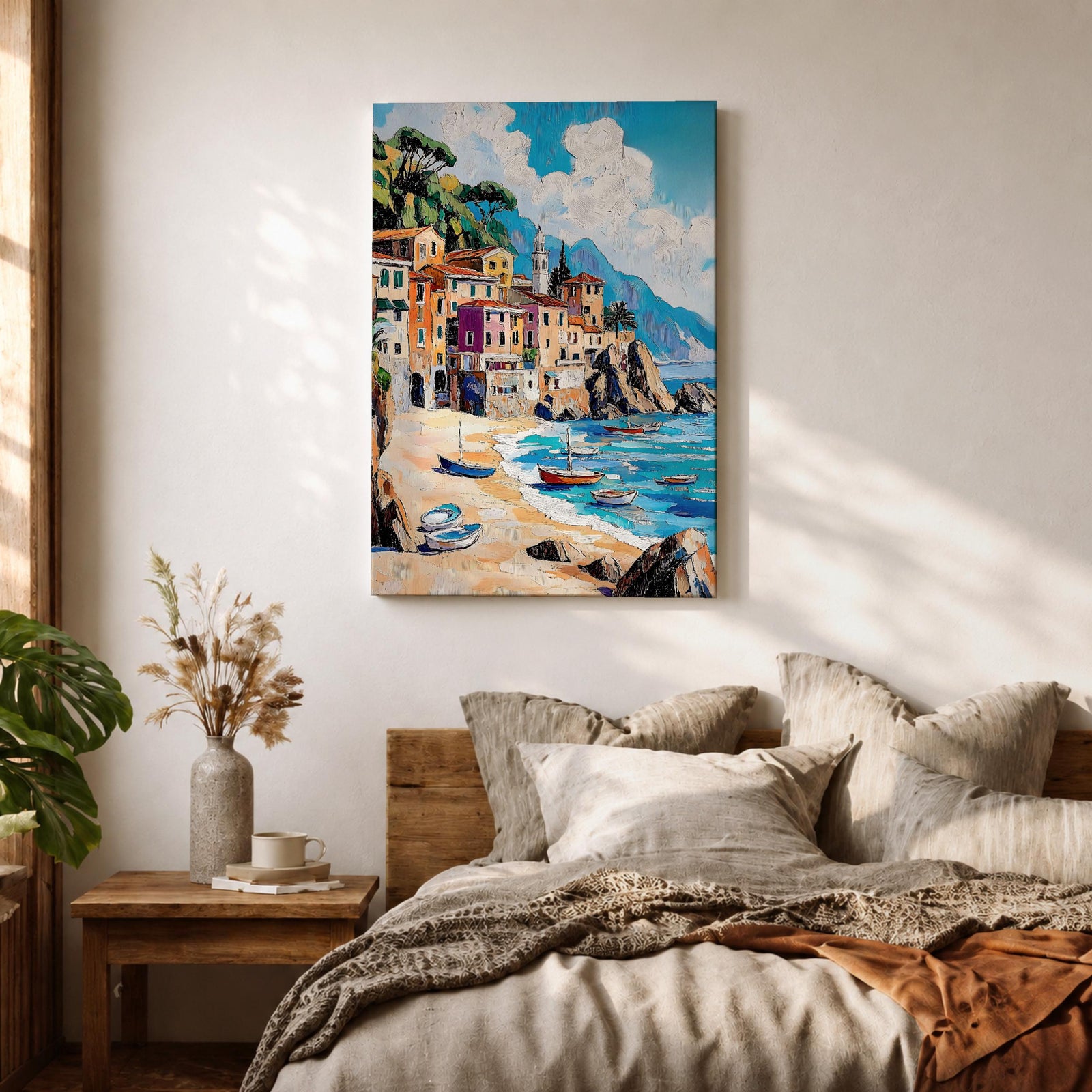 A vibrant Mediterranean seascape painting depicting colorful coastal buildings along a sandy beach with small boats floating on turquoise waters under a bright blue sky with fluffy clouds, rendered in a lively, textured style capturing the essence of a sunny seaside village.