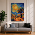 A vibrant impasto painting featuring a swirling sun and a stylized tree set against rolling hills. The thick brushstrokes create dynamic movement in the sky and landscape, emphasizing texture and color contrast in a lively, expressive landscape composition.