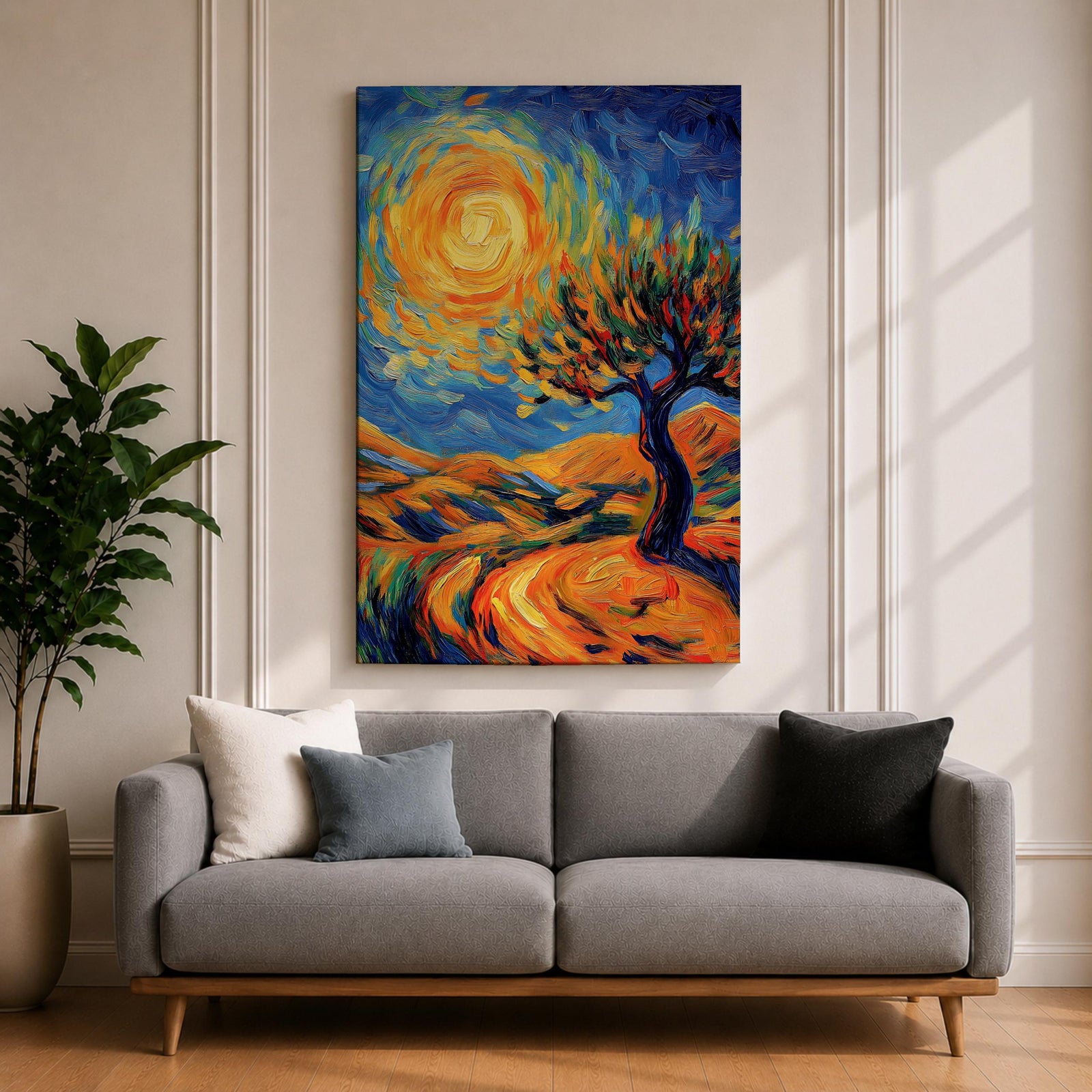 A vibrant impasto painting featuring a swirling sun and a stylized tree set against rolling hills. The thick brushstrokes create dynamic movement in the sky and landscape, emphasizing texture and color contrast in a lively, expressive landscape composition.