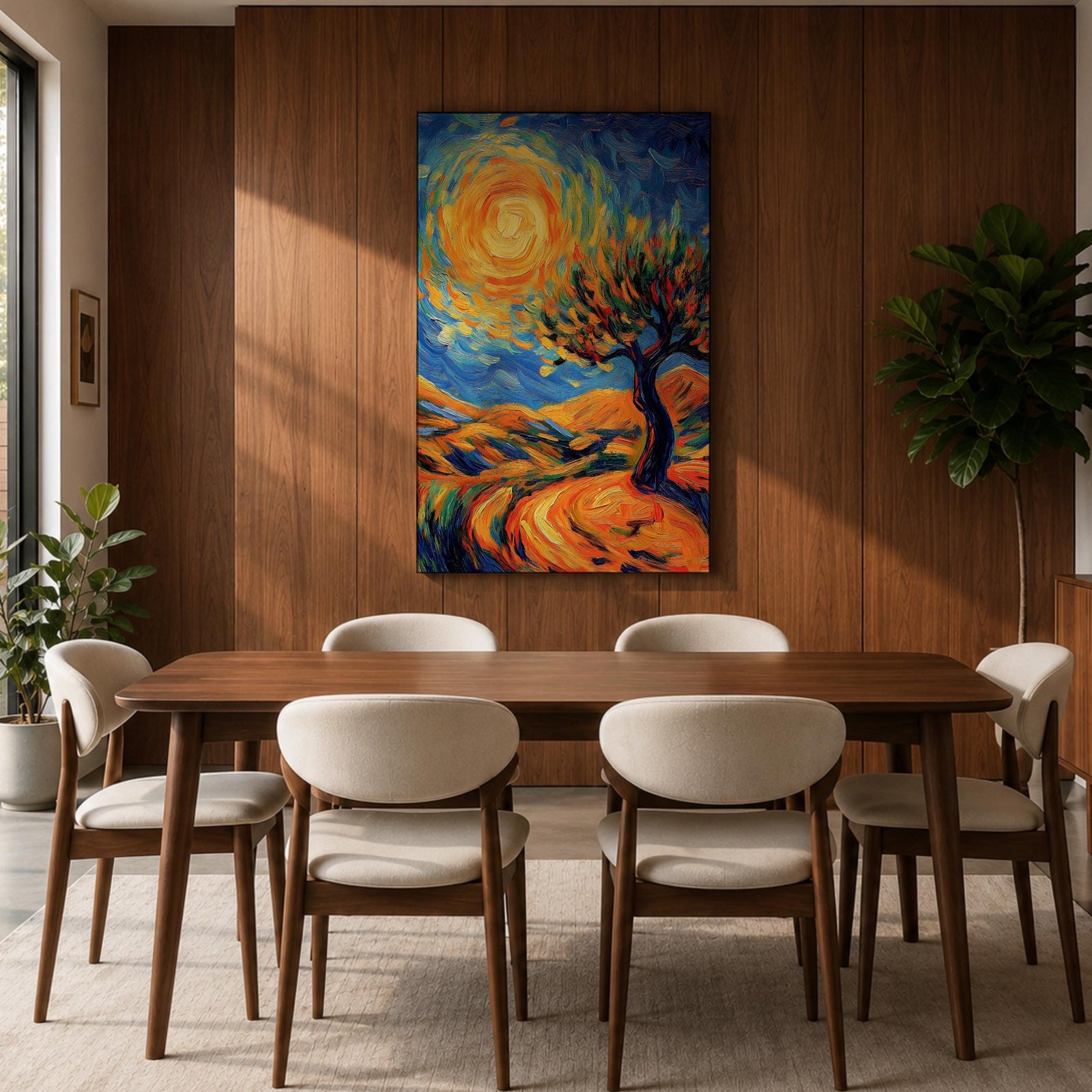 A vibrant impasto painting featuring a swirling sun and a stylized tree set against rolling hills. The thick brushstrokes create dynamic movement in the sky and landscape, emphasizing texture and color contrast in a lively, expressive landscape composition.