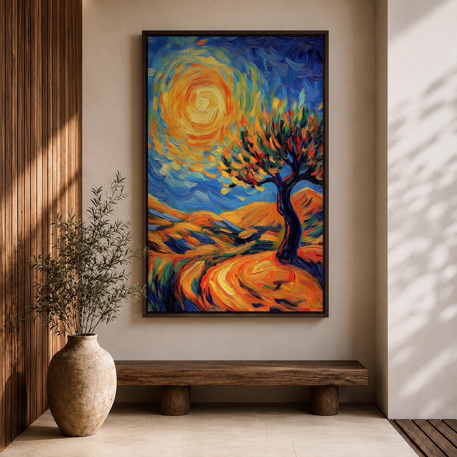 A vibrant impasto painting featuring a swirling sun and a stylized tree set against rolling hills. The thick brushstrokes create dynamic movement in the sky and landscape, emphasizing texture and color contrast in a lively, expressive landscape composition.