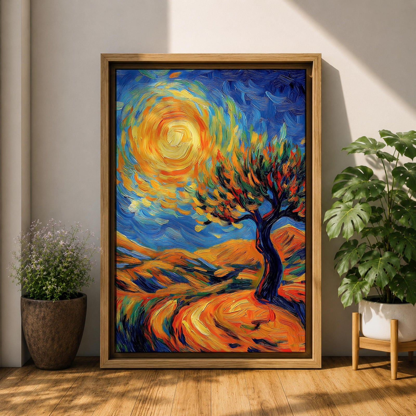 A vibrant impasto painting featuring a swirling sun and a stylized tree set against rolling hills. The thick brushstrokes create dynamic movement in the sky and landscape, emphasizing texture and color contrast in a lively, expressive landscape composition.