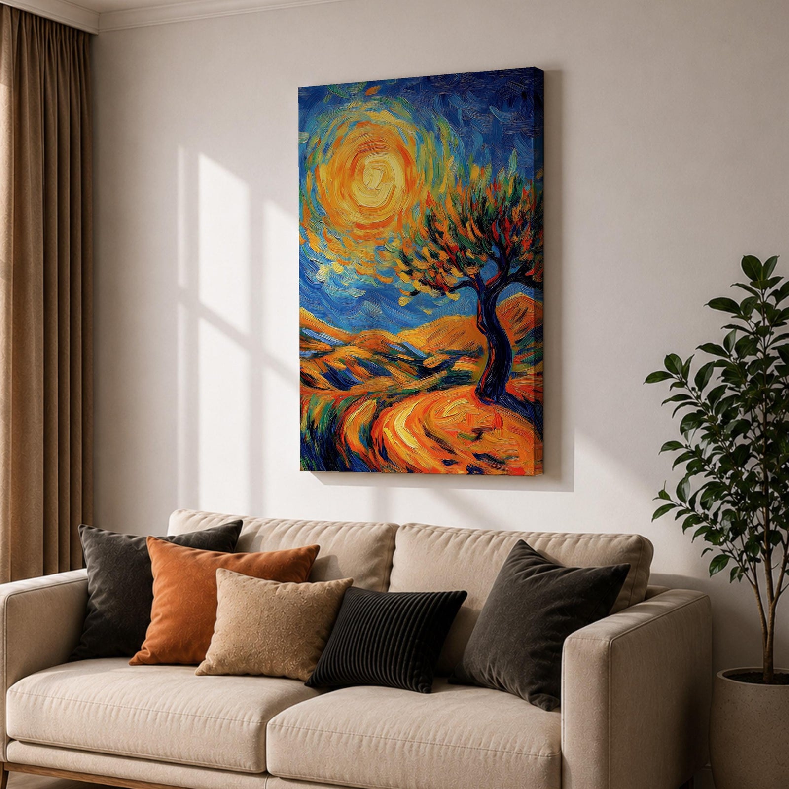 A vibrant impasto painting featuring a swirling sun and a stylized tree set against rolling hills. The thick brushstrokes create dynamic movement in the sky and landscape, emphasizing texture and color contrast in a lively, expressive landscape composition.