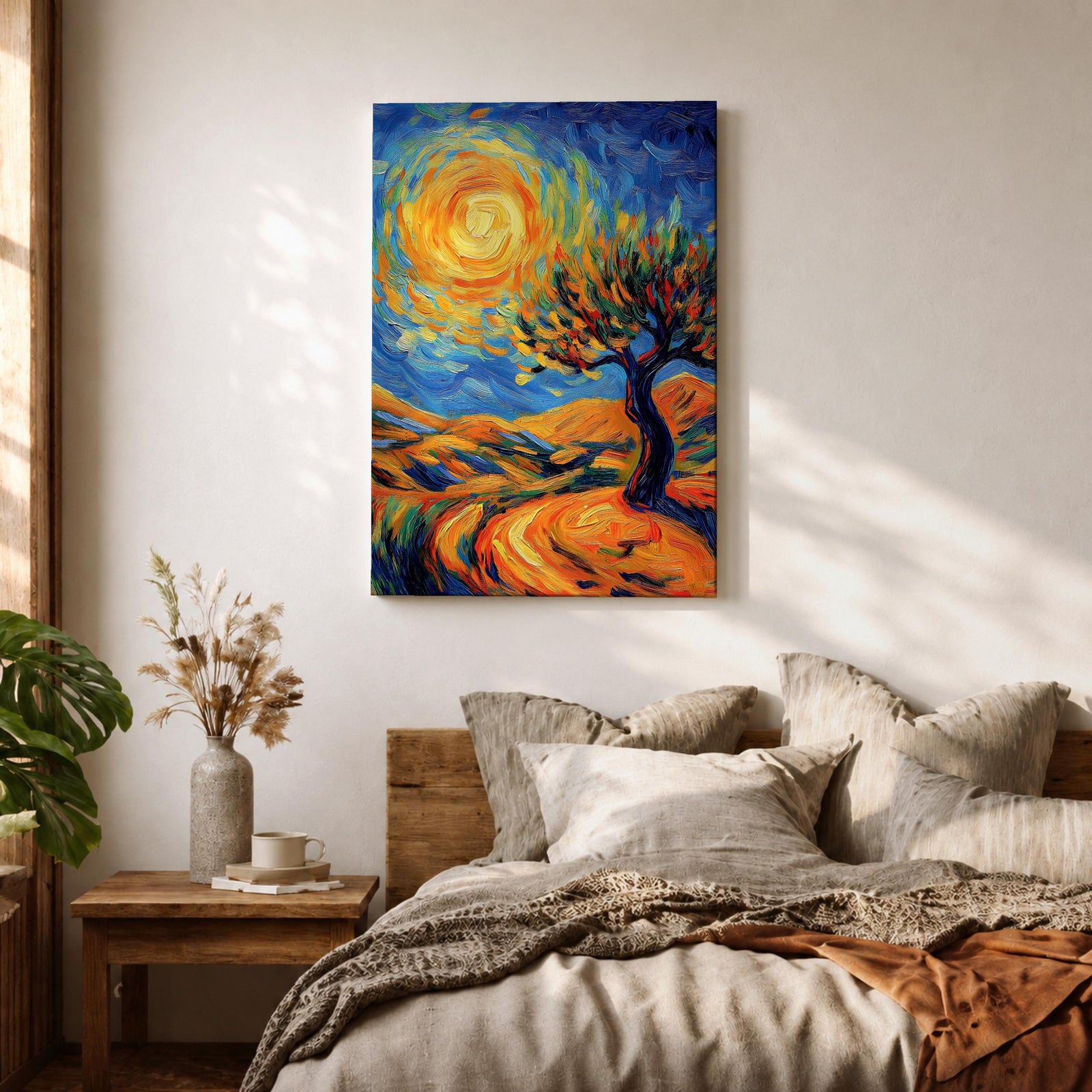 A vibrant impasto painting featuring a swirling sun and a stylized tree set against rolling hills. The thick brushstrokes create dynamic movement in the sky and landscape, emphasizing texture and color contrast in a lively, expressive landscape composition.